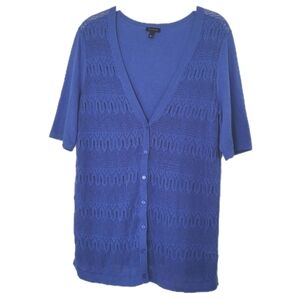 Talbots Women's Crochet Cardigan Sweater Half Sleeve Button Up V Neck Blue Large